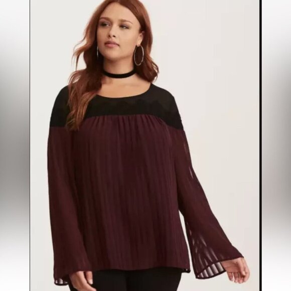 Torrid Black Purple Pleated Chiffon Lace Applique Bell Sleeve Blouse - Picture 1 of 16